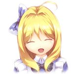  ahoge arisugawa_nao bangs blonde_hair blue_bow bow close-up closed_eyes face hair_between_eyes hair_bow hair_intakes josephine_(twin_tail_rabbit) long_hair necktie open_mouth original shiny shiny_hair simple_background smile solo white_background 