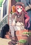  bag belly_peek boots bread brown_eyes food hat kurimu_(yappen) long_hair long_sleeves looking_at_viewer md5_mismatch midriff navel original paper_bag plant potted_plant red_hair shorts sitting sitting_on_stairs smile solo stairs striped striped_legwear thighhighs yappen 
