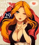  bleach blue_eyes blush breasts cleavage happy_birthday heart large_breasts long_hair matsumoto_rangiku mole mole_under_mouth nadame_(ume645) one_eye_closed orange_hair solo spoken_heart 