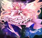  :d blush bow cleavage_cutout dress feathers gloves hair_bow highres kaname_madoka long_hair mahou_shoujo_madoka_magica open_mouth outstretched_arms pink_hair pink_legwear sakura_ran smile solo spoilers spread_arms two_side_up ultimate_madoka white_dress wings yellow_eyes 