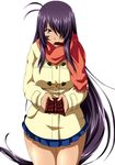  blue_skirt chocolate hair_over_one_eye ikkitousen kan'u_unchou long_hair looking_at_viewer miniskirt pleated_skirt red_scarf scarf simple_background skirt solo very_long_hair white_background 