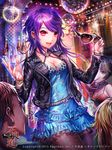  2boys 2girls blue_dress bottle breasts cleavage dress earrings esphy furyou_michi_~gang_road~ jacket jewelry leather leather_jacket long_hair medium_breasts multiple_boys multiple_girls nail_polish official_art open_mouth pantyhose purple_hair red_eyes smile solo_focus sparkle wavy_hair 