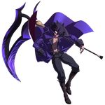  abs black_hair boots dark_skin dark_skinned_male french-bread full_body glowing glowing_eye gordeau highres huge_weapon jacket knee_boots male_focus official_art open_clothes open_jacket purple_eyes scythe solo spiked_hair transparent_background under_night_in-birth weapon yoshihara_seiichi 