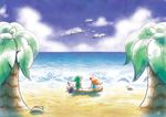  1boy 1girl beach bird cloud coconut flower hair_flower hair_ornament hat link link&#039;s_awakening log long_hair marin_(the_legend_of_zelda) nintendo ocean palm_tree pointy_ears red_hair sand seagull shield sitting sword the_legend_of_zelda the_legend_of_zelda:_link's_awakening tree waves weapon 