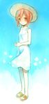  buttons collarbone dress full_body hat mado_(view85) nichijou no_legwear red_eyes red_hair sandals short_hair simple_background sleeveless sleeveless_dress smile solo standing straw_hat sun_hat sundress tachibana_misato toes white_dress 