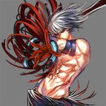  albino armband berserker_(dungeon_and_fighter) dungeon_and_fighter grey_background grey_hair inanna123 male_focus pants red_eyes shirtless slayer_(dungeon_and_fighter) solo sword tattoo weapon 