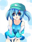  asn_s bare_shoulders blue_eyes blue_hair breast_squeeze breasts collarbone hair_bobbles hair_ornament hat jacket kawashiro_nitori medium_breasts off_shoulder open_clothes open_jacket open_mouth school_swimsuit smile solo swimsuit swimsuit_under_clothes touhou two_side_up v_arms 