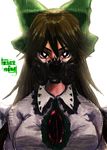  absurdres black_eyes bow brown_hair collared_shirt gas_mask hair_bow highres light long_hair mask reiuji_utsuho shirt solo spikes third_eye toa_(kitakaze_setsuna) touhou upper_body 