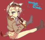  animal_ears ankle_boots bad_id bad_pixiv_id blonde_hair boots bottle carla_j_luksic cat_ears cat_tail character_name drinking long_hair long_sleeves military military_uniform noble_witches osuman_toruko outline purple_eyes red_background sitting solo tail twintails uniform world_witches_series 