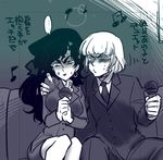  1boy 1girl anger_vein arm_around_shoulder bad_id bad_pixiv_id blush breasts claude_frollo contemporary disney drunk esmeralda_(disney) formal full-face_blush karaoke large_breasts marimo_(yousei_ranbu) microphone monochrome necktie office_lady one_man's_dream_ii pencil_skirt salaryman skirt skirt_suit suit the_hunchback_of_notre_dame younger 