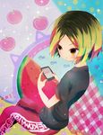  bad_id bad_pixiv_id food fruit haikyuu!! kozume_kenma male_focus multicolored_hair sitting solo two-tone_hair watermelon yoshida_(nono_ko) 