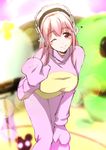  bent_over blush breasts cosplay ganari_ryuu headphones kigurumi large_breasts long_hair looking_at_viewer nitroplus one_eye_closed pink_hair red_eyes smile solo super_sonico 