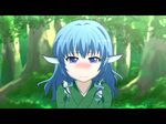  3: animal_ears anime_coloring blue_eyes blue_hair blush breasts cato_(monocatienus) forest frown japanese_clothes kimono letterboxed long_hair medium_breasts mermaid monster_girl nature nose_blush outdoors parody solo style_parody tears touhou wakasagihime zettai_bouei_leviathan 