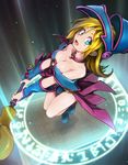  bare_shoulders blonde_hair blue_footwear blush_stickers boots breasts choker cleavage dark_magical_circle dark_magician_girl duel_monster glowing green_eyes hat highres large_breasts long_hair magic_circle nanjin open_mouth pentacle solo staff wizard_hat yuu-gi-ou 