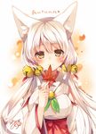  animal_ears bad_id bad_twitter_id bare_shoulders bell blush breasts detached_sleeves fox_ears hair_bell hair_ornament hair_ribbon japanese_clothes leaf long_hair looking_at_viewer maple_leaf medium_breasts miko mishima_kurone original ribbon signature smile solo twitter_username white_hair yellow_eyes 