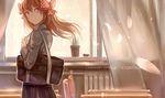  bag bow chair copyright_name desk gekkan_shoujo_nozaki-kun hair_bow long_hair looking_back norizc orange_hair petals plant polka_dot polka_dot_bow potted_plant purple_eyes rouman_academy_uniform sakura_chiyo school_bag school_uniform smile solo window 