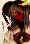  bad_id bad_pixiv_id bow bowtie covered_mouth food fruit glint hat hat_ribbon highres hinanawi_tenshi long_hair mask over_shoulder peach red_eyes ribbon scabbard sheath shirt solo strap sword sword_over_shoulder toa_(kitakaze_setsuna) touhou weapon weapon_over_shoulder 