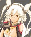 alternate_hair_color between_breasts black_gloves breasts dark_skin glasses gloves headgear kantai_collection large_breasts long_hair looking_at_viewer musashi_(kantai_collection) red_eyes sarashi smile solo twintails upper_body white_hair xanadu 