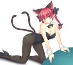  alternate_costume animal_ears bare_shoulders bell black_legwear blush bow bowtie braid breasts cat_ears cat_tail cleavage detached_collar extra_ears hair_bow high_heels isaki_(gomi) jingle_bell kaenbyou_rin long_hair looking_at_viewer medium_breasts multiple_tails nekomata pantyhose pointy_ears red_eyes red_hair simple_background smile solo tail touhou twin_braids white_background wrist_cuffs 