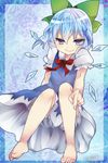  artist_name barefoot bloomers blue_eyes blue_hair blush bow cirno detached_wings hair_bow ice ice_wings ochazuke short_hair sitting smile solo touhou underwear wings 