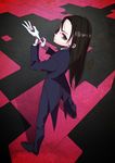  amane_(hunter_x_hunter) ammonio black_hair butler female_butler from_above glove_pull gloves highres hunter_x_hunter long_hair looking_at_viewer looking_back looking_up solo white_gloves 