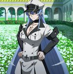  1girl akame_ga_kill! aqua_eyes aqua_hair blue_eyes blue_hair breasts cleavage esdeath esdese female flower general general(shogun) hat highres long_hair military military_uniform peaked_cap solo square_enix uniform 