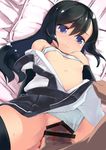  1girl asashio_(kantai_collection) black_hair blood blue_panties blush breasts censored gigokku hetero highres kantai_collection long_hair nipples panties panties_aside penis pussy sex small_breasts solo_focus tears underwear vaginal virgin 