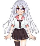  akuma_no_riddle alternate_hairstyle banba_mahiru black_legwear blush image_sample long_hair md5_mismatch necktie over-kneehighs pixiv_sample purple_eyes sailor_collar scar school_uniform serafuku skirt smile solo thighhighs white_hair womu 