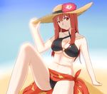  absurdres arm_support breasts brown_hair cleavage criss-cross_halter halter_top halterneck hat head_tilt highres hiroshi_(hunter-of-kct) large_breasts long_hair maou_(maoyuu) maoyuu_maou_yuusha midriff o-ring o-ring_top red_eyes sarong sitting smile solo summer sun_hat underboob 