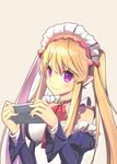  blonde_hair breasts brooch brown_hair choker detached_sleeves dress elf erkelee frilled_dress frilled_sleeves frills handheld_game_console highres holding jewelry large_breasts long_hair looking_at_viewer maid maid_headdress myucel_foalan outbreak_company playstation_portable pointy_ears purple_eyes red_ribbon ribbon ringed_eyes simple_background smile solo twintails upper_body very_long_hair yellow_background 