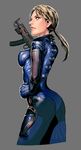  ass blonde_hair blue_eyes bodysuit breasts covered_nipples cropped_legs from_side gloves grey_background gun hand_on_hip hexagon highres holding holding_gun holding_weapon impossible_bodysuit impossible_clothes jill_valentine katou_teppei lips long_hair looking_to_the_side low_ponytail medium_breasts ponytail profile resident_evil resident_evil_5 scrunchie simple_background skin_tight skorpion_vz._61 solo submachine_gun weapon 