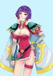  angel_links armor bangs belt blue_background blunt_bangs bob_cut bracer breasts cape chinese_clothes cleavage cleavage_cutout clenched_hand cowboy_shot detached_sleeves dress earrings eyelashes hand_on_hip highres jewelry lace large_breasts li_meifon looking_at_viewer loose_belt pauldrons pink_dress puffy_sleeves purple_hair red_eyes short_dress short_hair short_sleeves side_slit sideboob simple_background smile solo standing thigh_strap turtleneck 