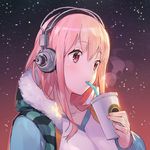  bangs cup ddal drinking drinking_straw fur_trim headphones hood hood_down hooded_jacket jacket long_hair nail_polish night night_sky nitroplus pink_eyes pink_hair pink_nails shiny shiny_hair sky solo star_(sky) starry_sky steam super_sonico winter_clothes 