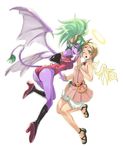  angel angel_and_devil demon_girl demon_wings detached_wings halo high_heels holding_hands igarashi_youhei legs multiple_girls one_eye_closed original purple_skin sandals shoes tail wince wings 