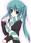  aqua_eyes aqua_hair bad_id bad_pixiv_id blush casual deanoia hajimete_no_koi_ga_owaru_toki_(vocaloid) hatsune_miku long_hair scarf smile solo twintails vocaloid 