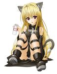  :p absurdres animal_ears blonde_hair boots cat_ears duplicate highres konjiki_no_yami long_hair milk panties pantyshot pantyshot_(sitting) red_eyes sitting skirt solo tail thigh_strap to_love-ru tongue tongue_out toshi_(anime_coloring) underwear upskirt white_panties 