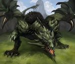  claws dragon fangs fur grass green monster monster_hunter mountain no_humans rathian roaring scales tail tongue white_eyes wings wyvern youichi 