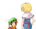  2girls alice_margatroid animal_ears beegle blonde_hair brown_eyes brown_hair cat_ears cat_tail chen chibi earrings fang hairband haruyonoto hat jewelry multiple_girls multiple_tails short_hair tail touhou 