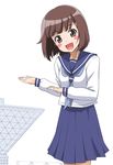  blue_skirt blush_stickers brown_eyes brown_hair long_skirt school_uniform serafuku skirt solo suzukawa_koume taishou_yakyuu_musume tokyo_big_sight youkan 