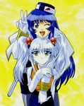  90s blue_eyes blue_hair blush gloves gotou_keiji hair_bobbles hair_ornament happy hat hoshino_ruri hug kidou_senkan_nadesico misumaru_yurika multiple_girls one_eye_closed pale_skin pantyhose twintails v white_hair yellow_eyes 