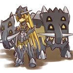  :&lt; armor bare_shoulders bastiodon blonde_hair gen_4_pokemon hand_on_hip hitec long_hair moemon personification pokemon pokemon_(creature) shield yellow_eyes 