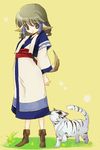  1girl animal_ears aruruw brown_eyes brown_hair dog_ears mukkuru solo striped tail tiger utawareru_mono younger 