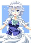  blue_eyes bow bowtie braid izayoi_sakuya maid maid_headdress open_mouth outstretched_arms silver_hair simple_background smile solo spread_arms touhou warugaki_(sk-ii) 