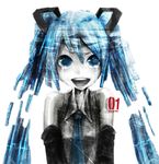  blue_eyes blue_hair crying crying_with_eyes_open detached_sleeves digital_dissolve hatsune_miku hatsune_miku_no_shoushitsu_(vocaloid) highres long_hair necktie smile solo tears twintails vocaloid yamori_(stom) 