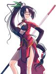  black_hair blazblue breasts china_dress chinese_clothes cleavage cleavage_cutout dress glasses lao_jiu litchi_faye_ling long_hair medium_breasts panda ponytail red_eyes smile solo staff suzumaru very_long_hair 