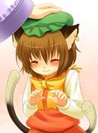  animal_ears blush brown_hair cat_ears cat_tail chen child closed_eyes earrings hat highres irori jewelry multiple_tails petting short_hair solo_focus tail touhou yakumo_ran 
