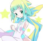  aqua_hair bad_id bad_pixiv_id bare_shoulders costume detached_sleeves gen_3_pokemon green_eyes hands_together jirachi own_hands_together personification pokemon scarf short_hair smile solo star toru_k 