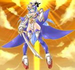  aqua_eyes armor blue_hair breasts cleavage darui_hito flying green_eyes highres huge_breasts long_hair original solo sunset sword thighhighs weapon 