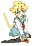  blonde_hair blue_eyes cosplay crossdressing gin_ga kagamine_len kita_high_school_uniform kneeling male_focus otoko_no_ko ponytail school_uniform serafuku skirt solo suzumiya_haruhi suzumiya_haruhi_(cosplay) suzumiya_haruhi_no_yuuutsu thighhighs vocaloid 