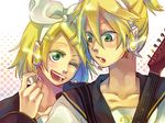  1girl bad_id bad_pixiv_id blonde_hair brother_and_sister green_eyes guitar hair_ornament hair_ribbon hairclip headphones headset instrument kagamine_len kagamine_rin one_eye_closed ribbon short_hair siblings smile twins vocaloid yamako_(state_of_children) 